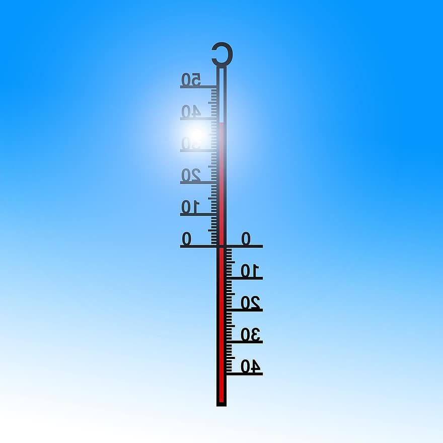 温度計、夏、Heiss、熱、太陽、温度、エネルギー、空、天気、気候、極めて