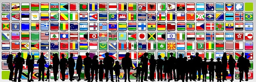 kontinentech, vlajky, siluety, člověk, populace, lidstvo, okres, uspořádání, symbolů, Země, svět