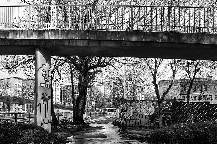 město, městský, chodník, beton, most, černobílý, Pozadí, tapeta na zeď, graffiti, umění, venku
