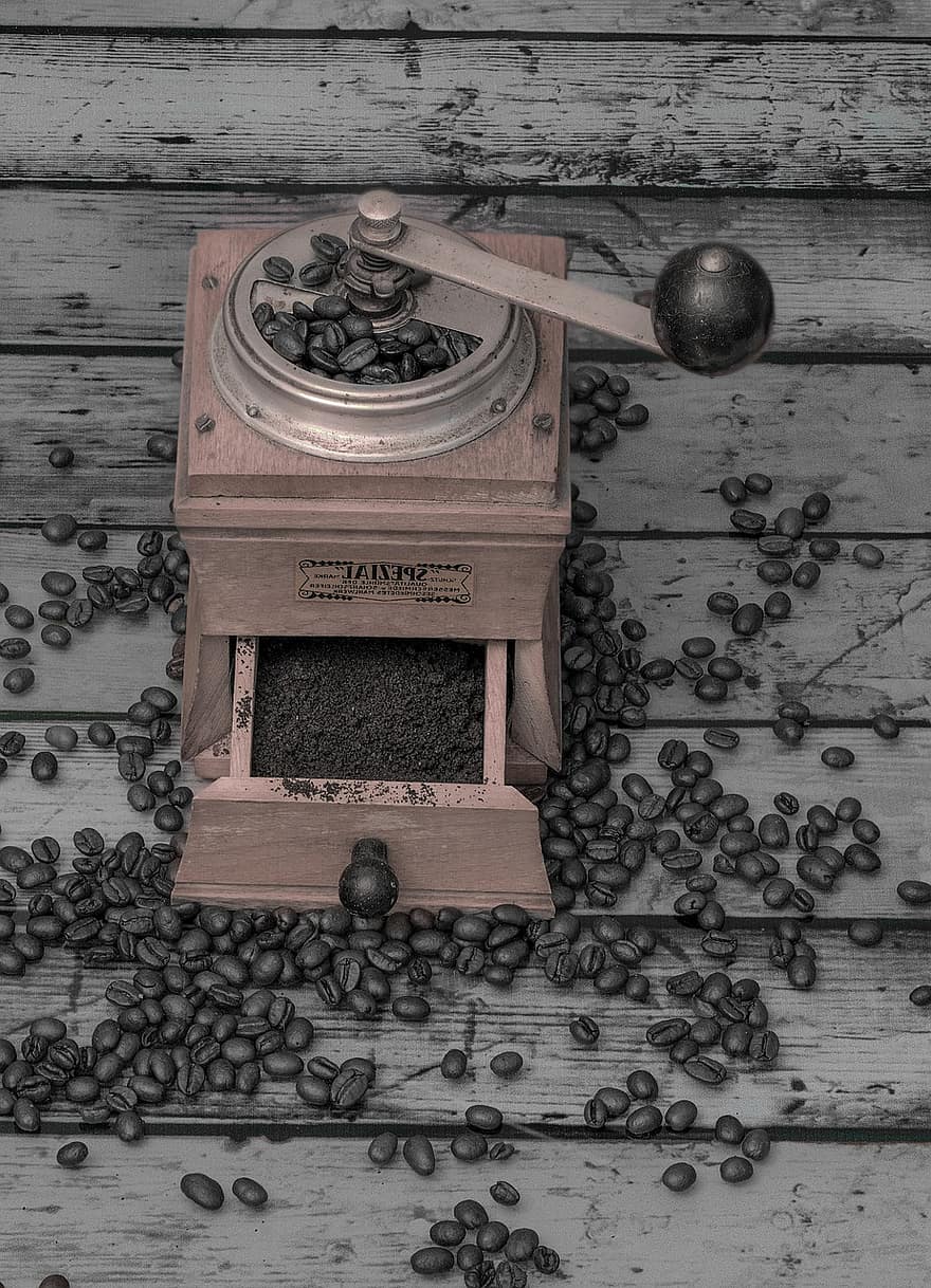 máy xay cà phê, cà phê, hạt cà phê, gỗ, hạt đậu, uống, cafein, cận cảnh, bàn, sự tươi mát, món ăn