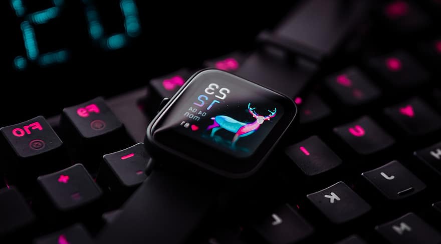 Smart Watch, Clock, Numbers, Cyber, Sports Watches, Night, Deer, computer keyboard, close-up, technology, computer