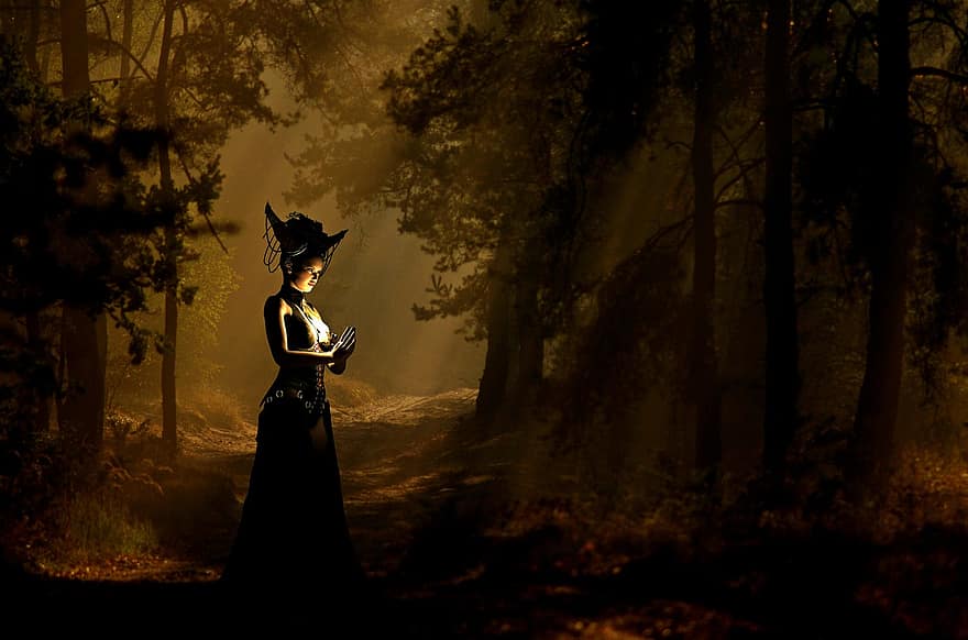 женщина, колдунья, ведьма, лес, мистический, сказка, сказки, фантастика, настроение, атмосфера, осветительные приборы
