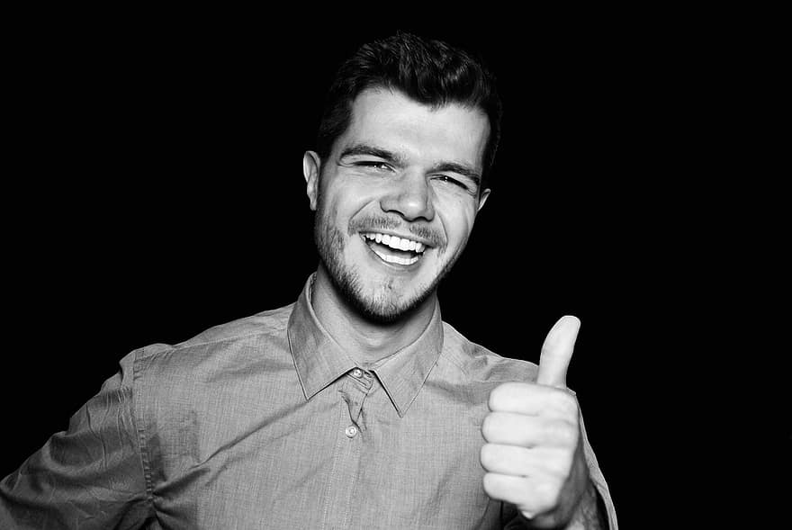 Thumbs Up, Man, Laugh, Happiness, Thumb, Gesture, Monochrome, Masculine, Boy, Good, Checked