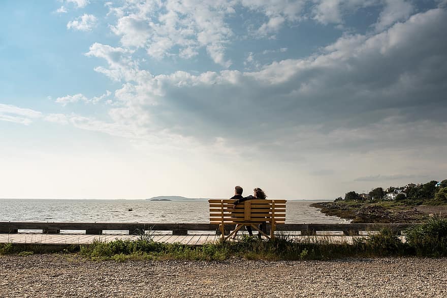 Couple, Bench, Landscape, Sky, Beach, Travel, Sea, women, men, lifestyles, vacations