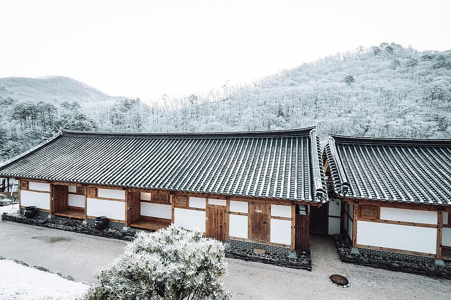 namas, pastatas, stogas, tradicija, kalnas, Korėja, kraštovaizdį, kelionė, pobūdį, kultūros, sniegas