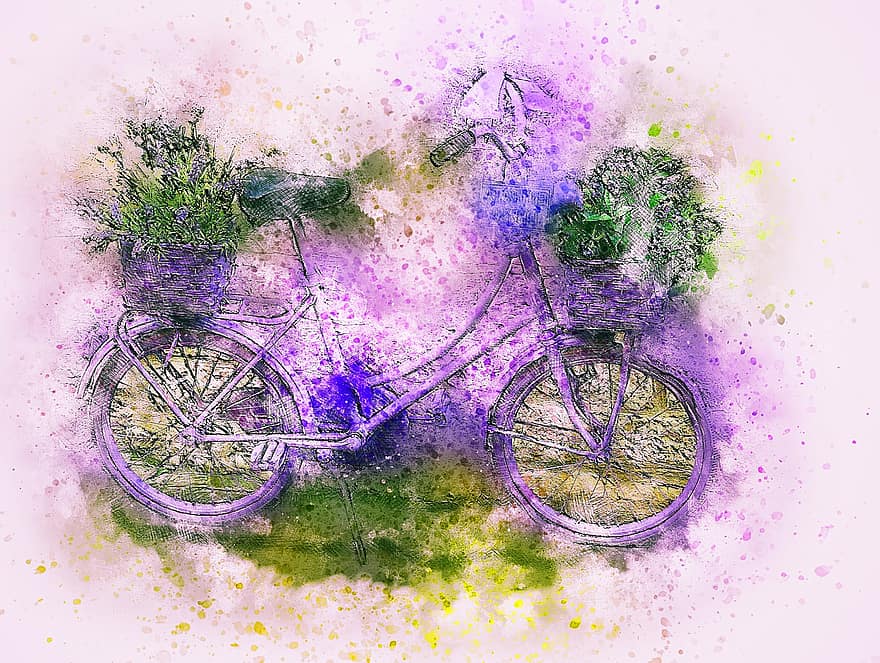 ποδήλατο, λουλούδια, τέχνη, αφηρημένη, ακουαρέλα, φύση, κρασί, Κοντομάνικη μπλούζα, καλλιτεχνικός, σχέδιο, υδατογραφία