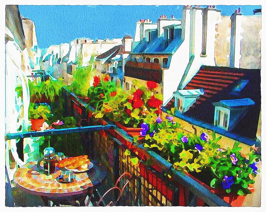 Akvarel Paris balkon, Paris, Frankrig, morgenmad, kaffe, croissanter, vin, blomster, Eiffeltårnet, planter, arkitektur