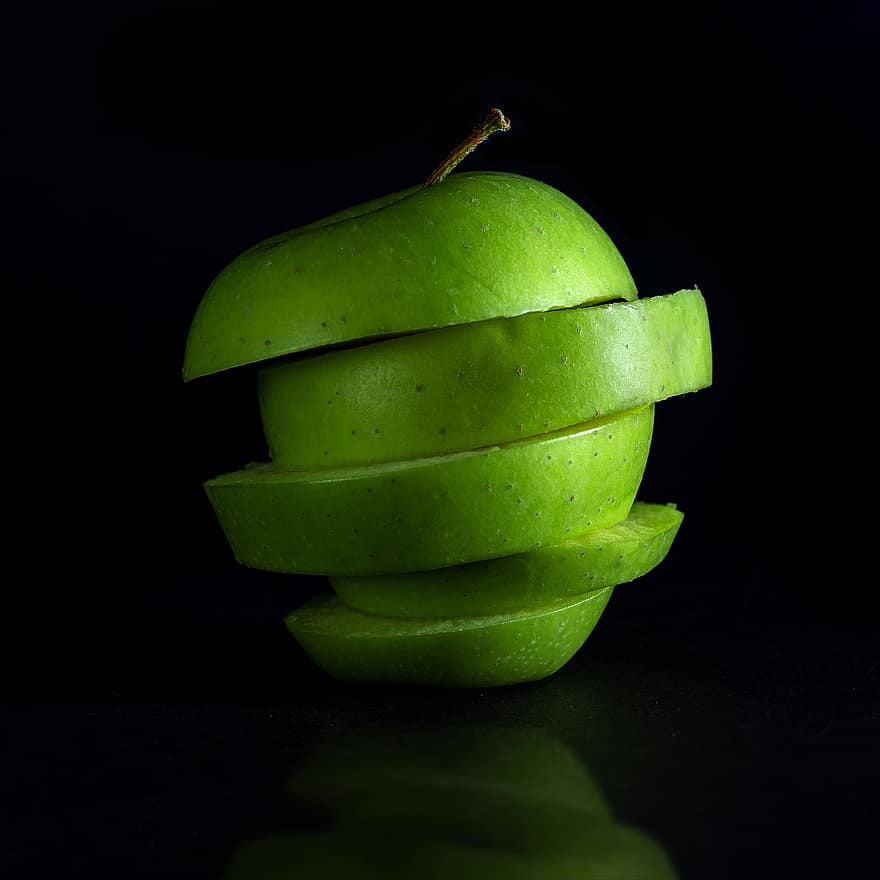äpple, frukt, skivor, grönt äpple, skivat äpple, färsk, mogen, hälsosam, vitaminer, organisk, grön