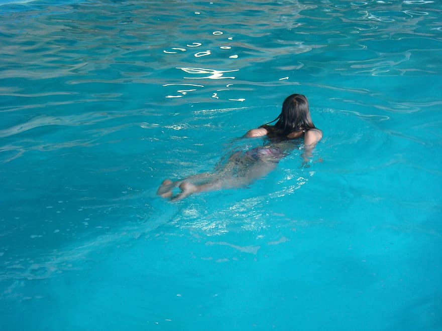 fille, eau, piscine, bleu
