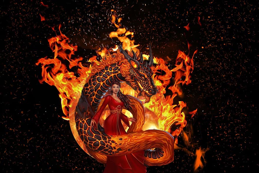 ファンタジー、レディ、ドラゴン、火球、女性、火災、燃焼、神秘的な、自然現象、火炎、熱