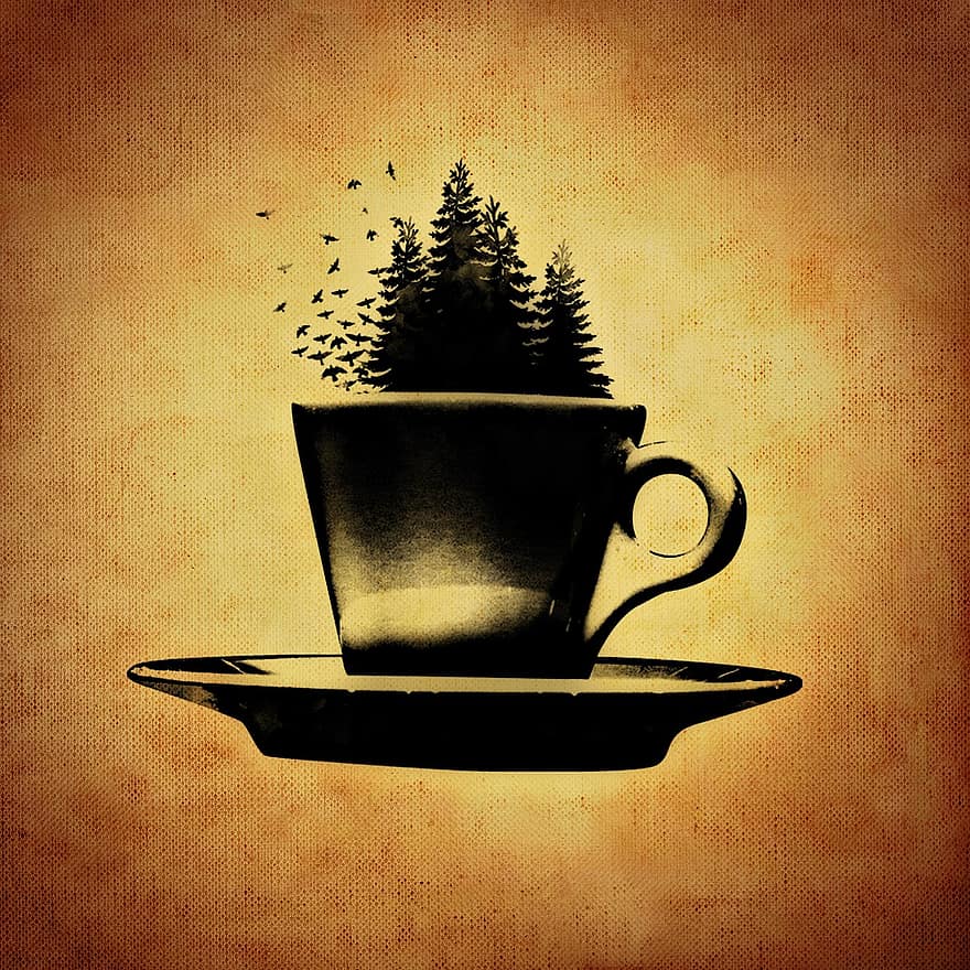 taza de café, café, vaso, surrealista, arboles