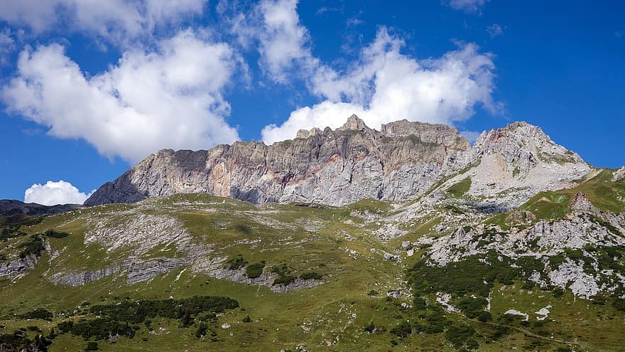 montagna, vertice, bacchetta magica, Austria, muro rosso, picco, paesaggio, natura, Monti Lechquellen, Lechtal, Lechweg