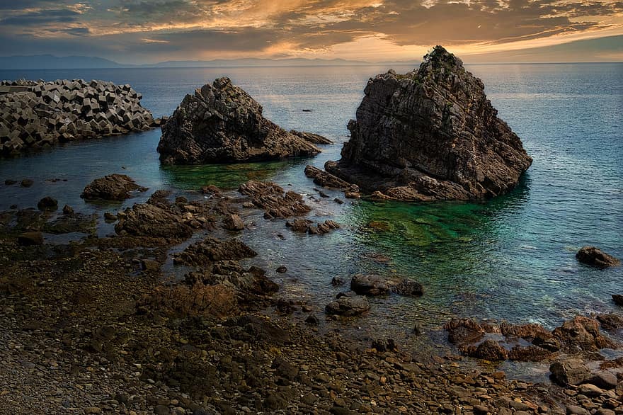 penya-segat, Costa, amakusa costa oest, posta de sol, vespre, rock, formació de roca, mar, oceà, línia de costa, vora del mar