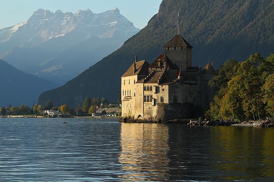 castell, llac, muntanyes, edifici, fortalesa, arquitectura, referència, medieval, històric, aigua, reflexió