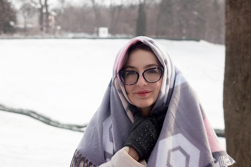 sieviete, galvas lakats, ziemā, brilles, auksts, modē, sejas, meitene, jaunieši, smaids, hijab
