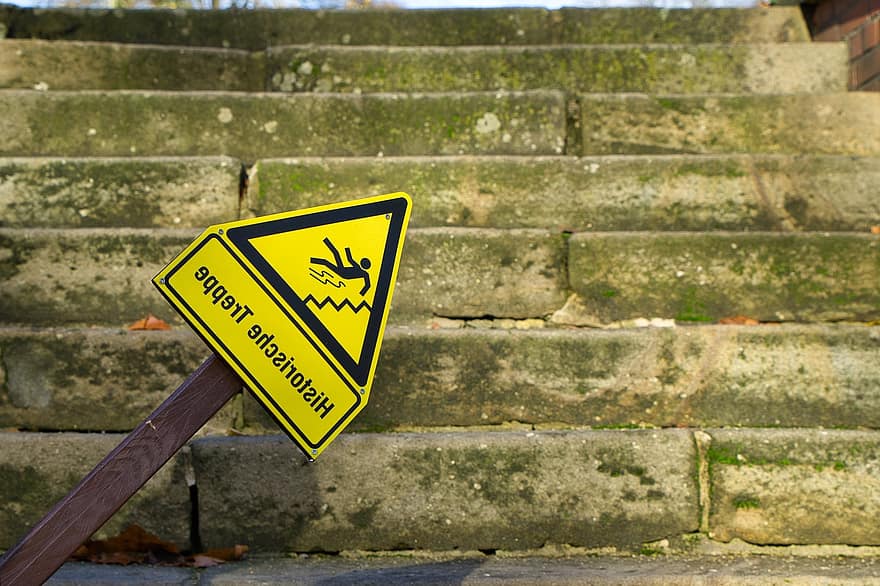 zīme, brīdinājums, kāpnes, sienas, pakāpeniski, arhitektūra