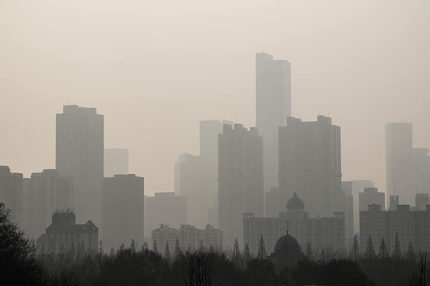 gebouwen, torens, wolkenkrabbers, horizon, luchtvervuiling, nanjing