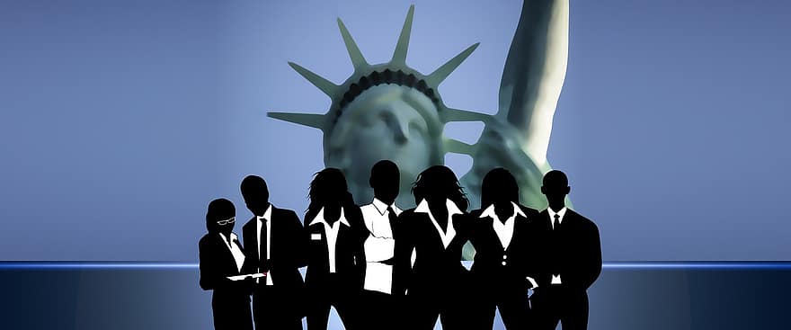 spanduk, tajuk, pengusaha, patung Liberty, tim, kelompok, kerja sama, pribadi, wanita, pria, siluet