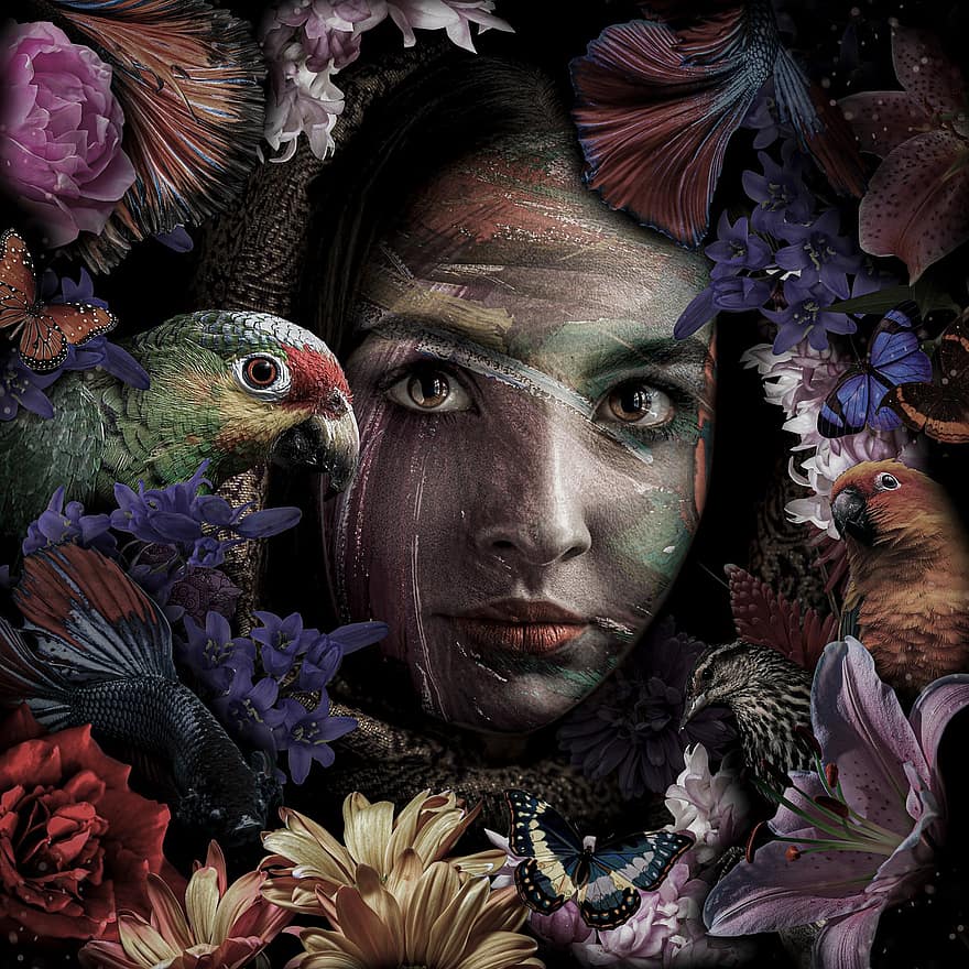 flicka, porträtt, natur, ram, kvinna, fåglar, blommor, fjäril, fisk, växter, ansikte