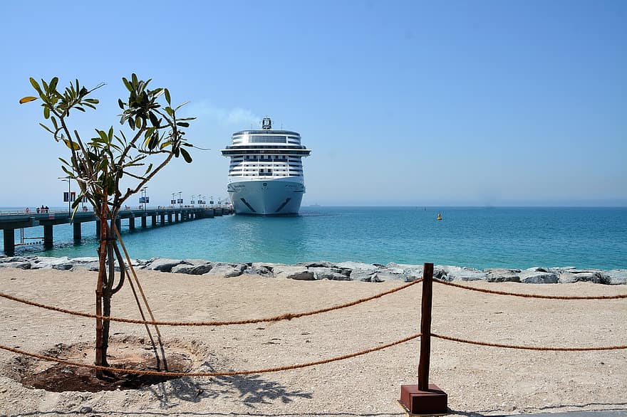 Cruise Ship, Beach, Ship, Docking, Port, Coast, Water Vessel, Sun-bathing, Sea, Uae, Emirates