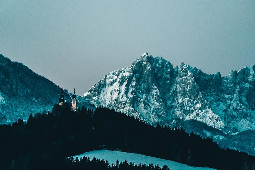 austria, rừng, núi, mùa đông, alps, hội nghị thượng đỉnh, tuyết, phong cảnh, đỉnh núi, cây, màu xanh da trời