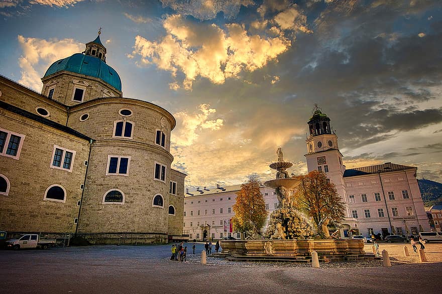 Monument, Building, Fountain, Castle, Facade, City, Historic Center, Architecture, Austria, Clouds, Sunlight