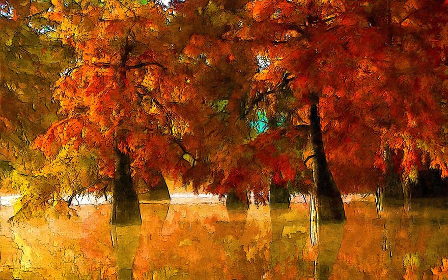 podzim, strom, odraz, voda, sezóna, změna, barva, měkký, uklidnit, klidný, mokřadů