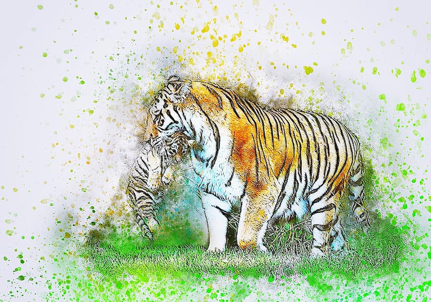 tygr, mládě, nesoucí, umění, vodové barvy, vinobraní, tygřice, divoký, kočka, zvíře, abstraktní