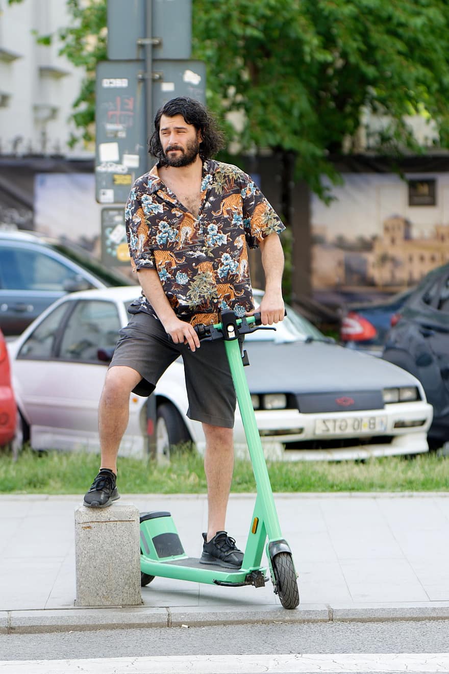 Man, Electric Scooter, Street, Cars, Beard, Waiting, Crossing, Staff, Young, City, men