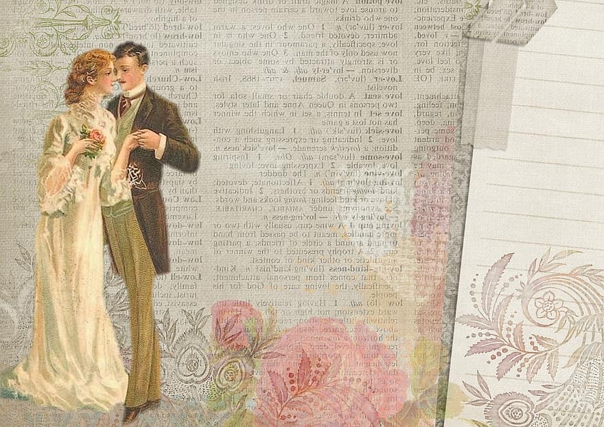 baggrund, årgang, par, bryllup, romantisk, roser, papir, gammel, antik, scrapbog, collage