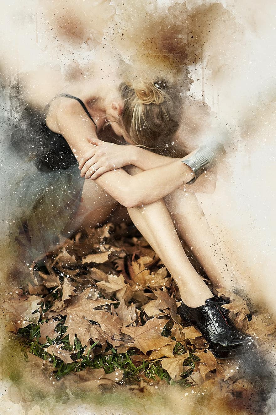 Girl, Sitting, Art, Nature, Abstract, Watercolor, Vintage, Beauty, Spring, Romantic, Artistic