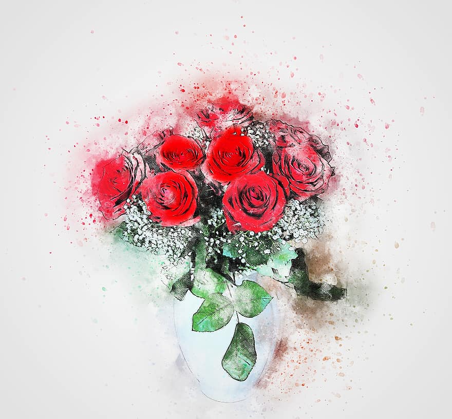 fiori, Rose, vaso, mazzo, arte, natura, astratto, acquerello, Vintage ▾, primavera, romantico