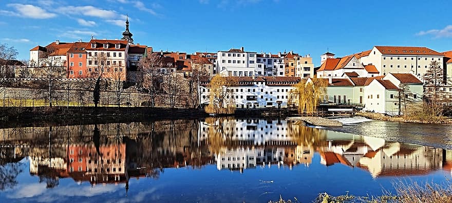 řeka, domy, odraz, budov, architektura, město, městský, proud, voda, čeština, slavné místo
