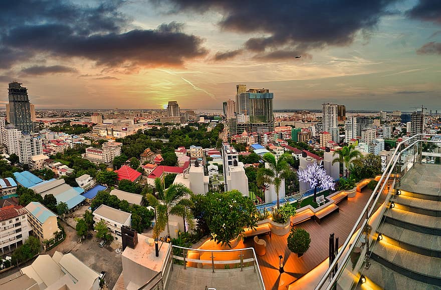 pilsētas ainava, Kambodža, saulrieta, horizonts, krēslas, krēsla, mākoņi, debesis, pilsēta, centrs, phnom penh