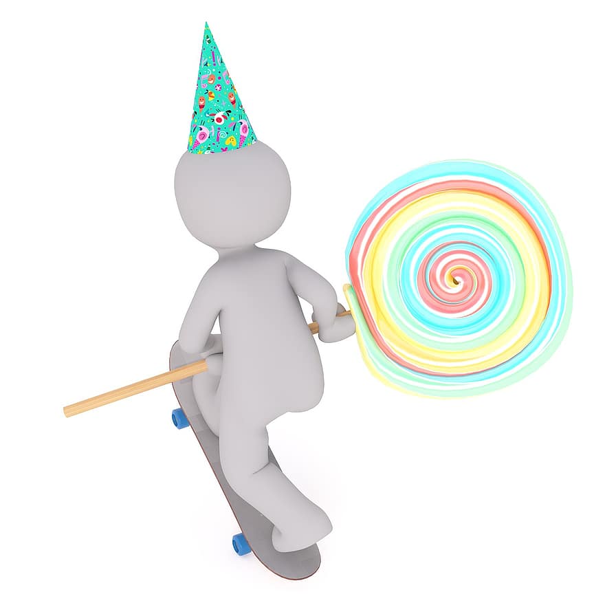 день народження, подарунок, лолі, цукерки, цукор, скейтборд, дошка, капелюх, більше, 3D модель, ізольовані