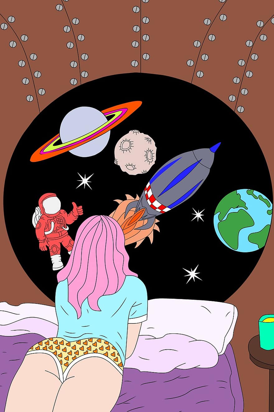 niña, cama, espacio, planetas, astronave, cohete, astronauta, galaxia, universo, cosmos, mujer