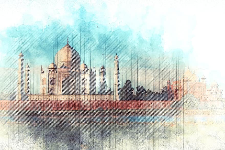Taj Mahal, temppeli, monumentti, arkkitehtuuri, Agra, pysäköidä, Intia, maalaus, taide, kuvamateriaali, luonnos