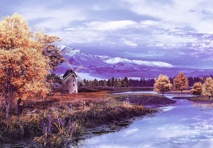 otoño, río, campo, montañas, lago, bosque, molino, paisaje, escena rural, montaña, árbol