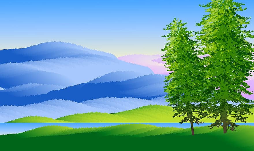 illustration, landskap, bakgrund, berg, träd, stiliserade, kullar, vatten, grön, blå, himmel