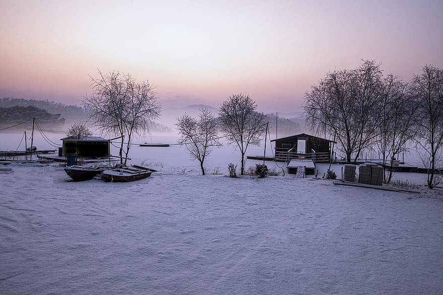 lac, îngheţat, cabină, iarnă, zăpadă, casa pe barca, îngheţ, rece, aburi, ceaţă, zori de zi