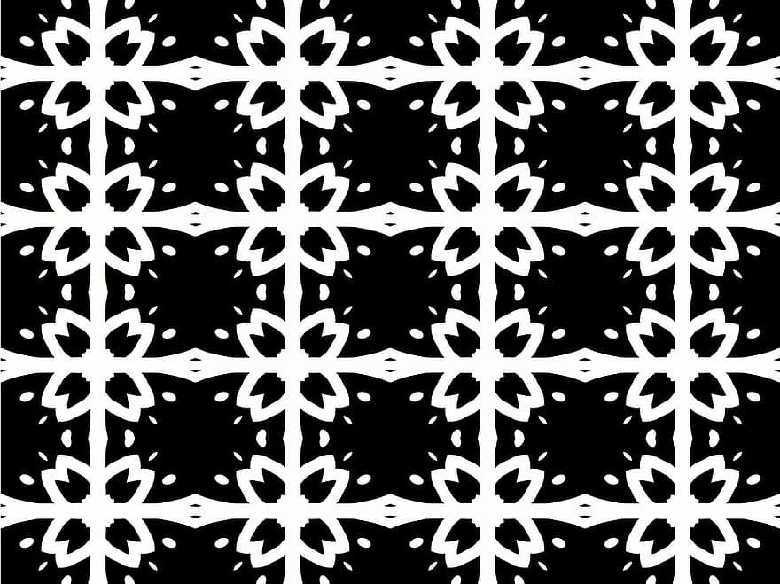 naadloos, patroon, ontwerp, ornament, decoratief, symmetrie, behang, zwart, wit, bloemen, decor