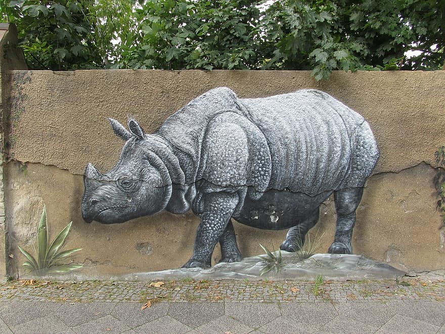 sarvikuono, seinämaalaus, seinä, eläintarha, Berliini, Lichtenberg, Saksa, eläin, luonto, eläinten maailma, eläinpuisto berlin