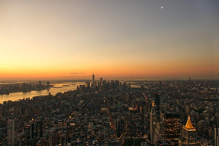 skyskraber, solnedgang, skyline, Manhattan, nyc, at rejse, USA, by, bybilledet, Eva, gader