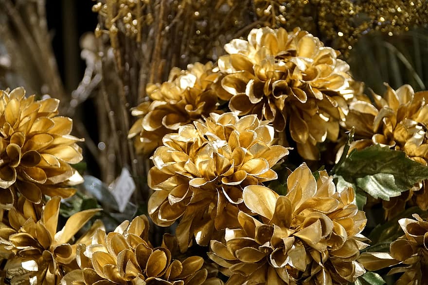 dourado, flores, ramalhete, decoração