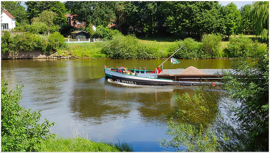 Water, Trees, Nature, Meadow, Ship, Displacement, Wave, Green, House, Bank, Flagpole
