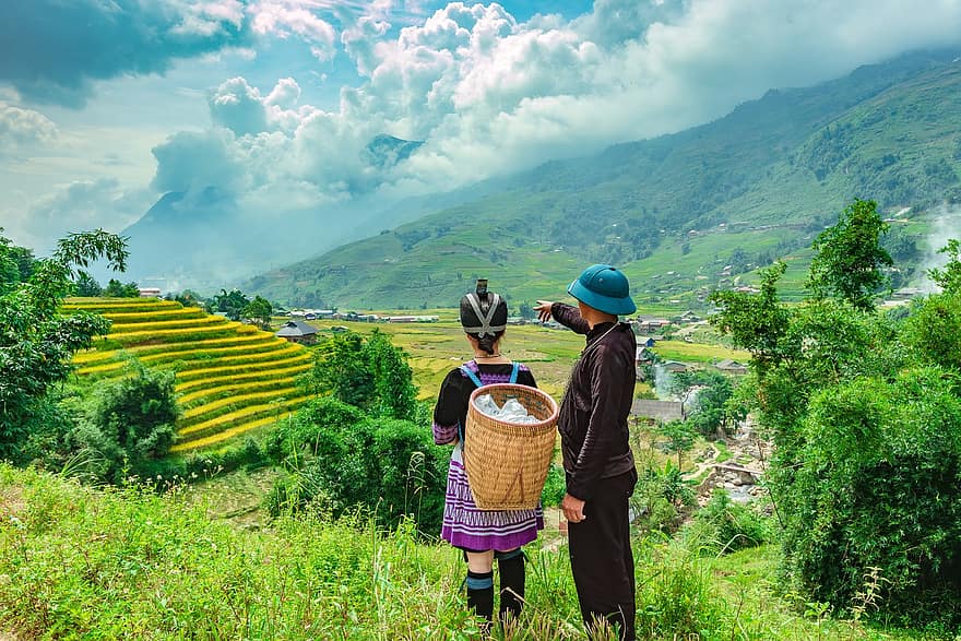 Landscape, Terraces, Rice, Man, Woman, Hmong Basket, Field, Crop, Farm, Cropland, Plantation