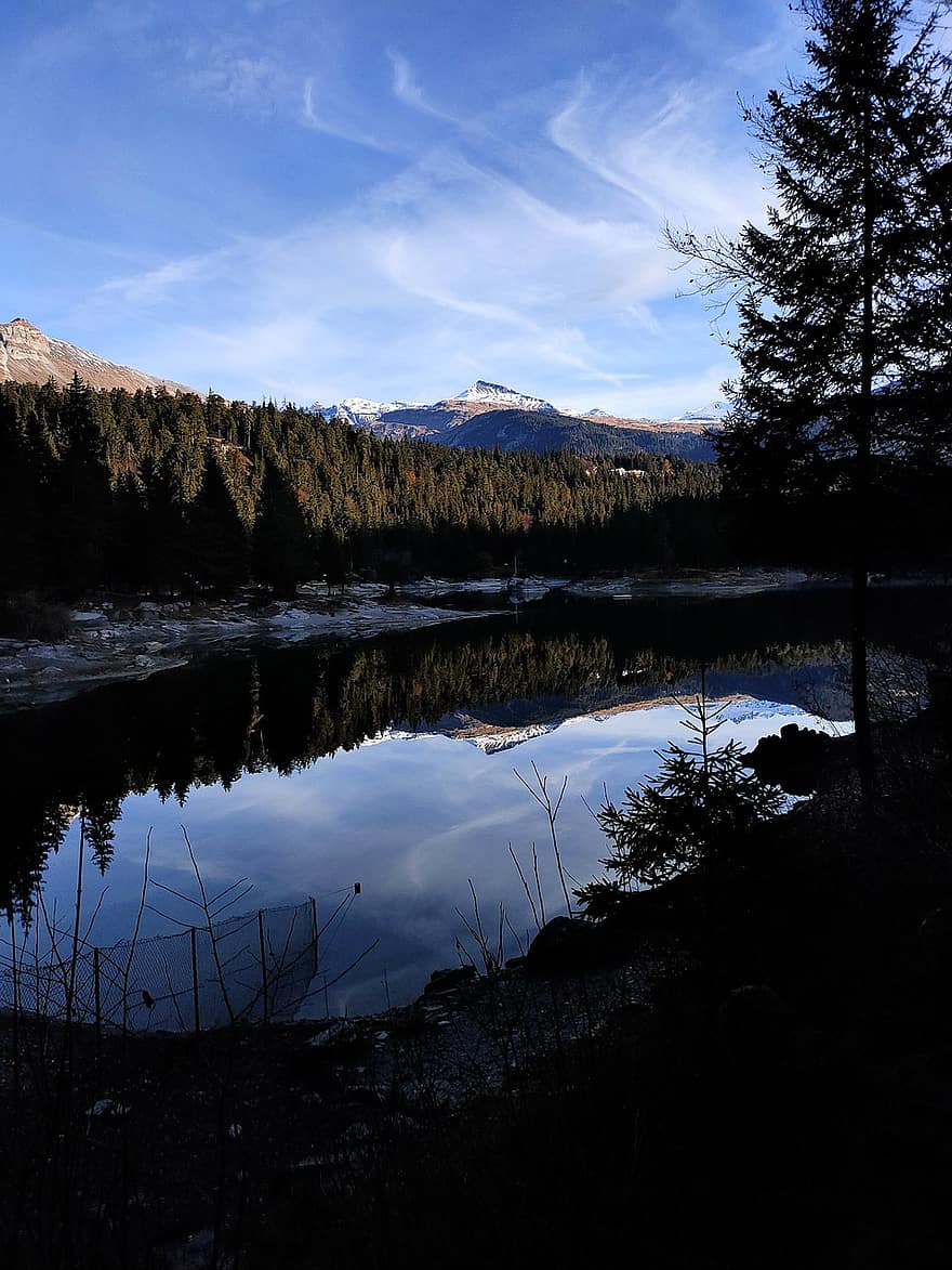 Mountains, Forest, Frost, Sky, Caumasee, Graubünden, Switzerland, landscape, mountain, tree, water