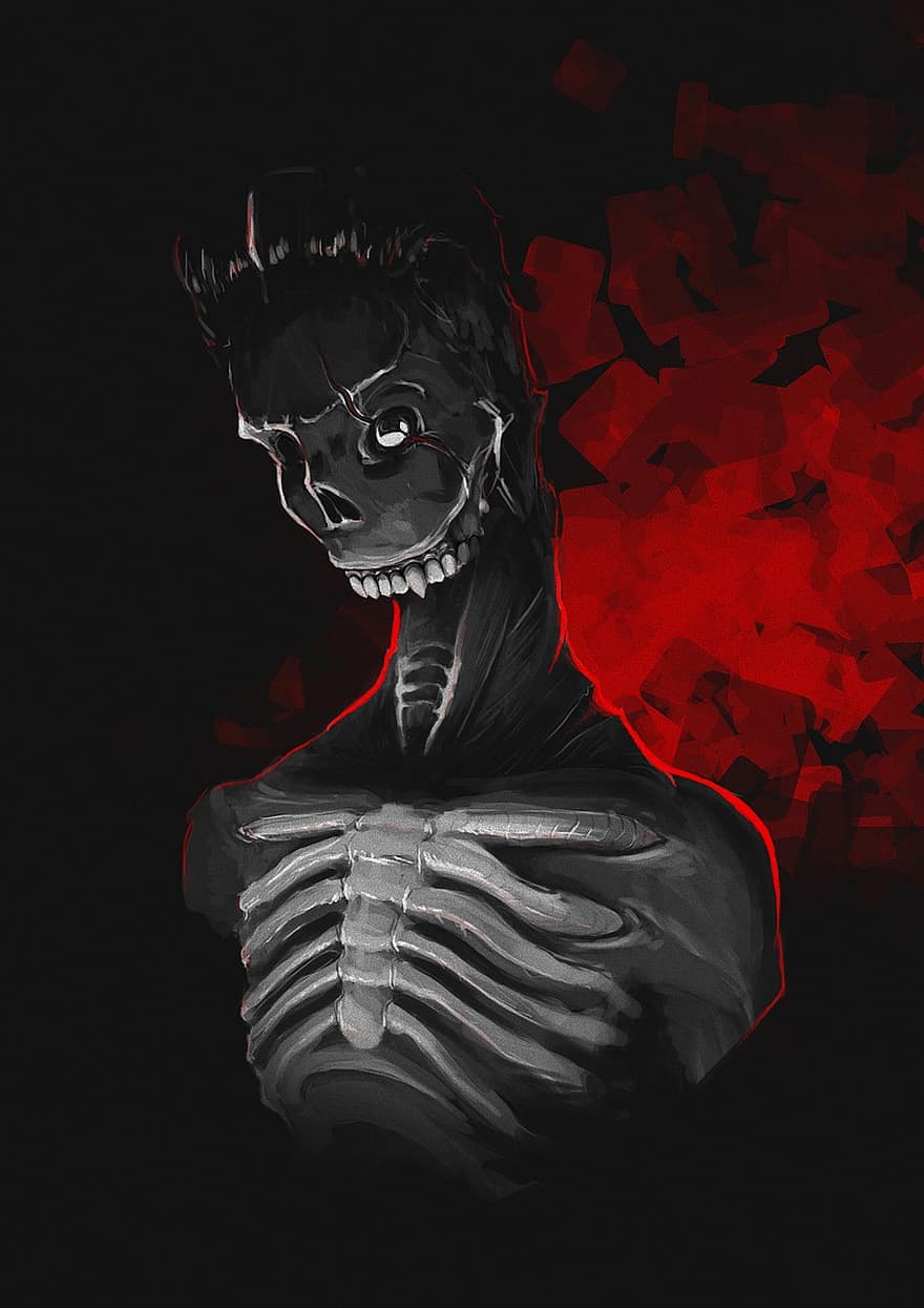 mørkerød, skelet, digital, figur, knogle, mørk, rædsel