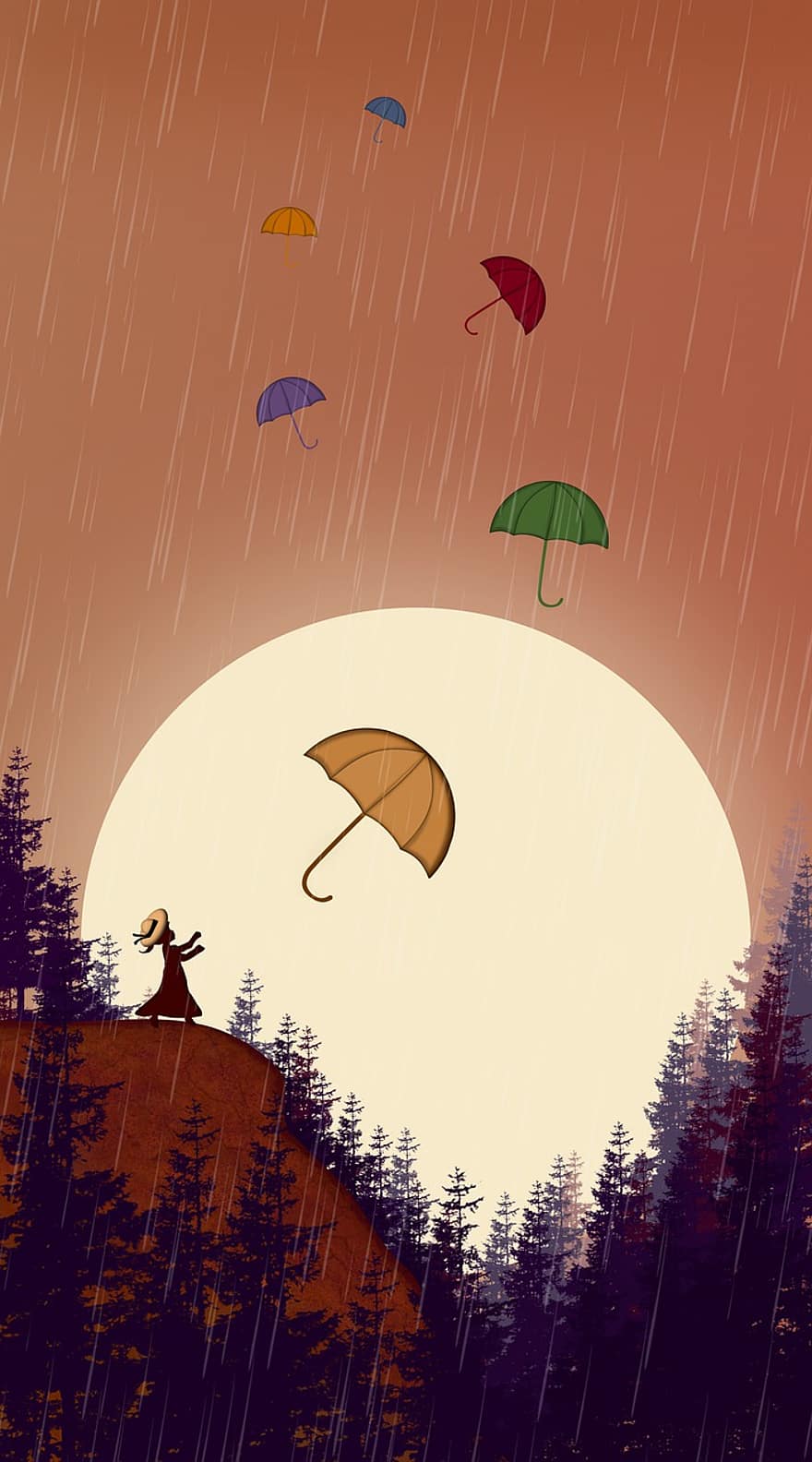 дощ, парасолька, захід сонця, природи, дівчина, ліс, вектор, осінь, дерево, ілюстрації, погода