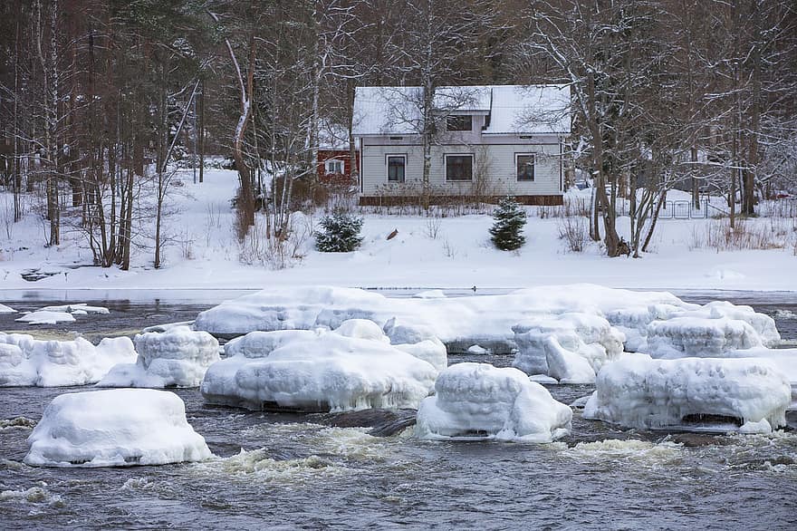 Finnország, Kymi folyó, téli, folyó, hó, jég, fagyott, fagy, tájkép, víz, évszak